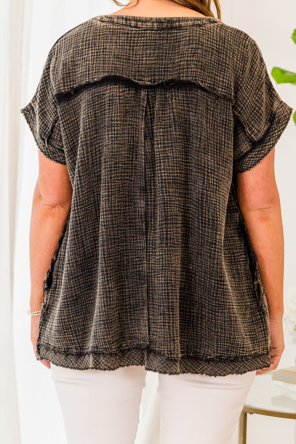 Chic Soul plus size clothing, short sleeve ash black top with v-neckline and distressed details