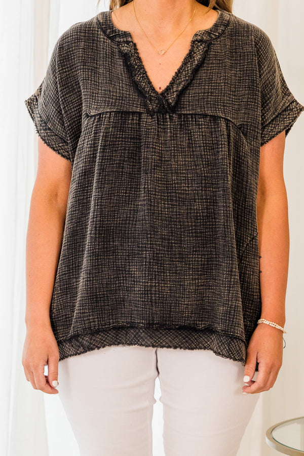 Chic Soul plus size clothing, short sleeve ash black top with v-neckline and distressed details