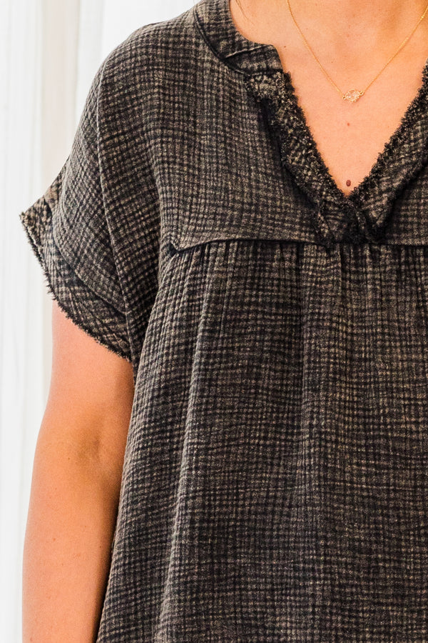 Chic Soul plus size clothing, short sleeve ash black top with v-neckline and distressed details