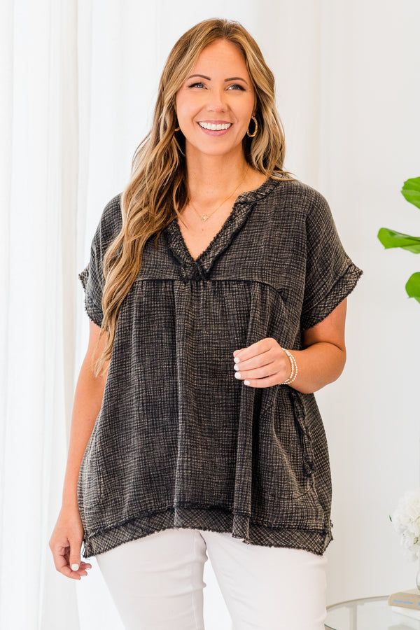 Chic Soul plus size clothing, short sleeve ash black top with v-neckline and distressed details