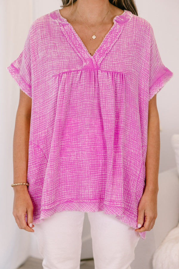 Chic Soul plus size clothing, short-sleeve cuffed bright mauve mineral washed top with v-neckline with subtle fraying along the hem 