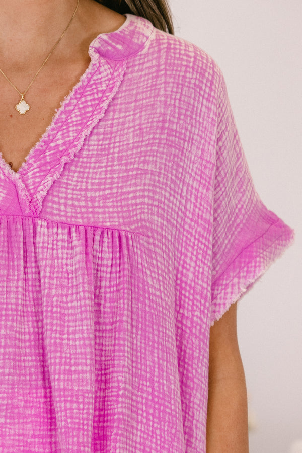 Chic Soul plus size clothing, short-sleeve cuffed bright mauve mineral washed top with v-neckline with subtle fraying along the hem 