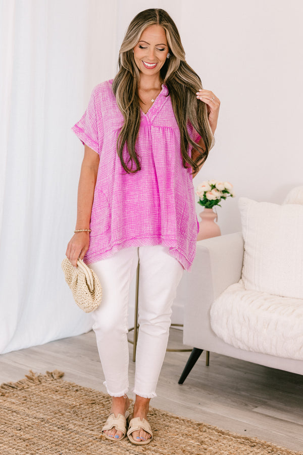 Chic Soul plus size clothing, short-sleeve cuffed bright mauve mineral washed top with v-neckline with subtle fraying along the hem 
