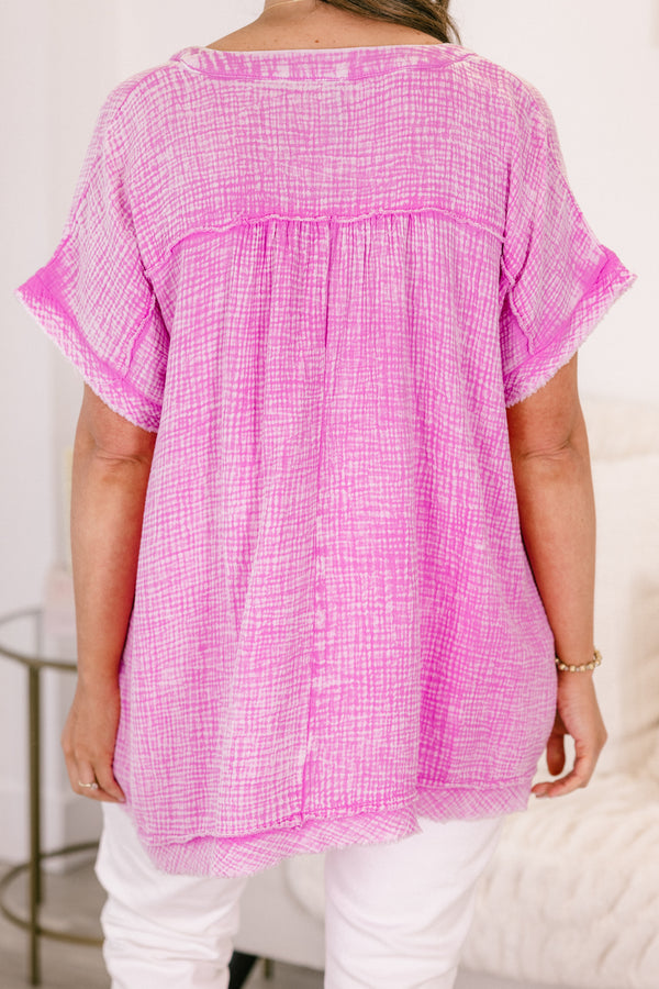 Chic Soul plus size clothing, short-sleeve cuffed bright mauve mineral washed top with v-neckline with subtle fraying along the hem 