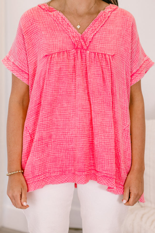 Chic Soul plus size clothing, short-sleeve fuchsia mineral wash waffle knit top with a v-neckline and a subtle distressed fraying along the hem