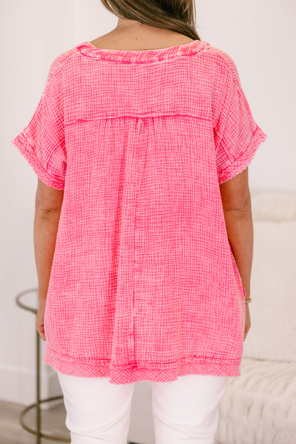 Chic Soul plus size clothing, short-sleeve fuchsia mineral wash waffle knit top with a v-neckline and a subtle distressed fraying along the hem
