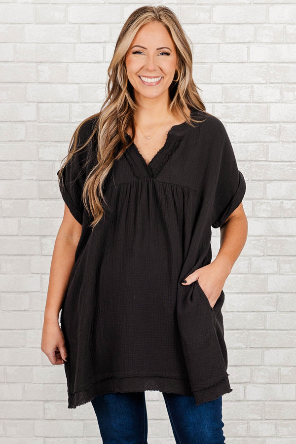 Chic Soul plus size clothing, black short sleeve tunic with cuff sleeves with distressed v neck