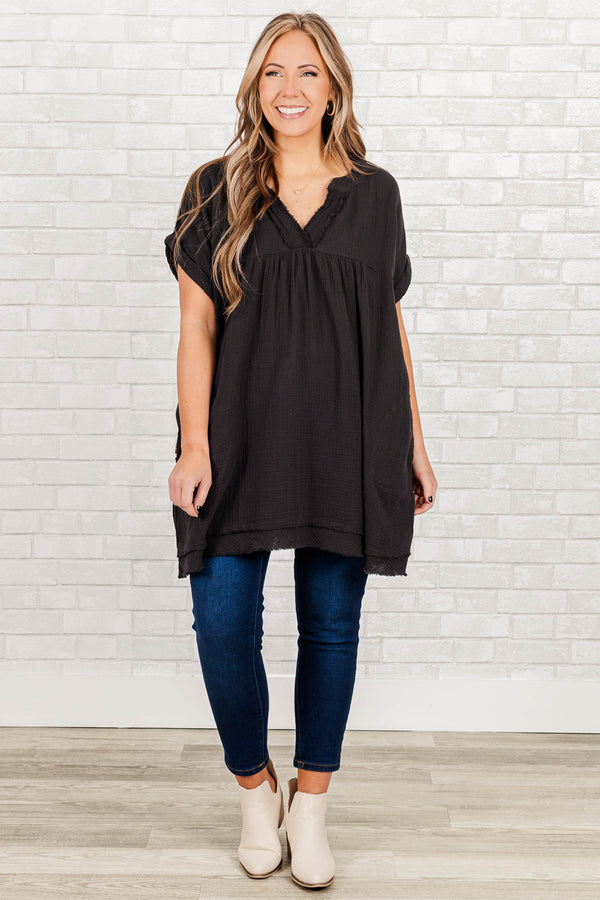 Chic Soul plus size clothing, black short sleeve tunic with cuff sleeves with distressed v neck