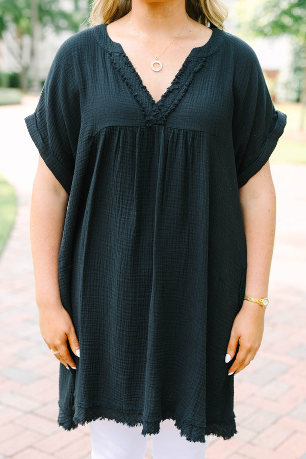 Chic Soul plus size clothing, black short sleeve tunic with cuff sleeves with distressed v neck