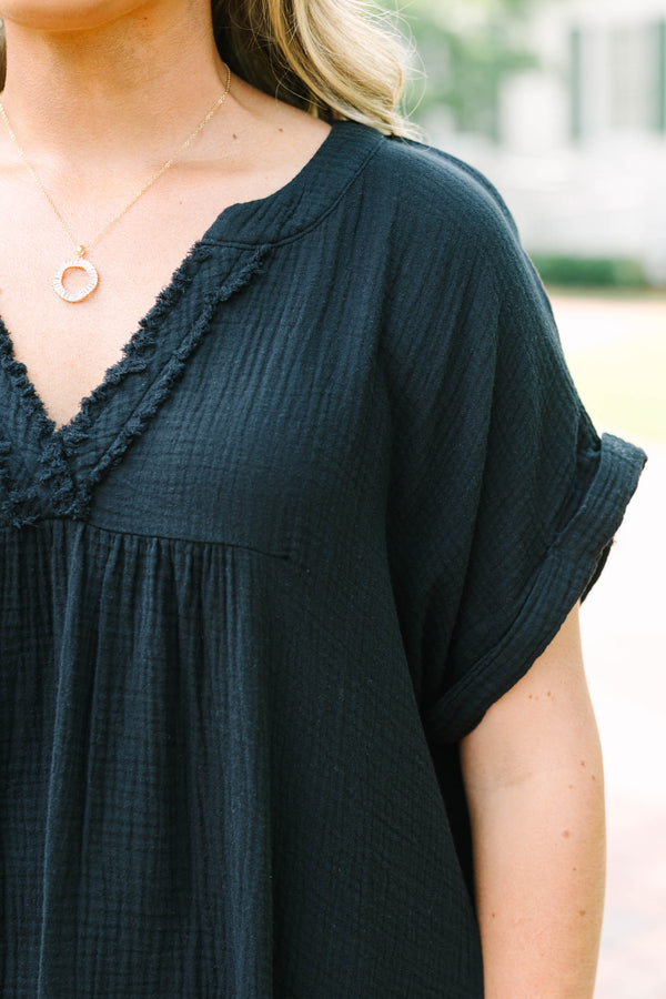 Chic Soul plus size clothing, black short sleeve tunic with cuff sleeves with distressed v neck