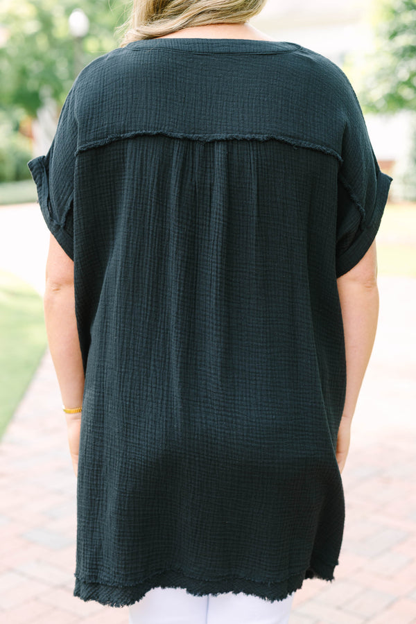 Chic Soul plus size clothing, black short sleeve tunic with cuff sleeves with distressed v neck