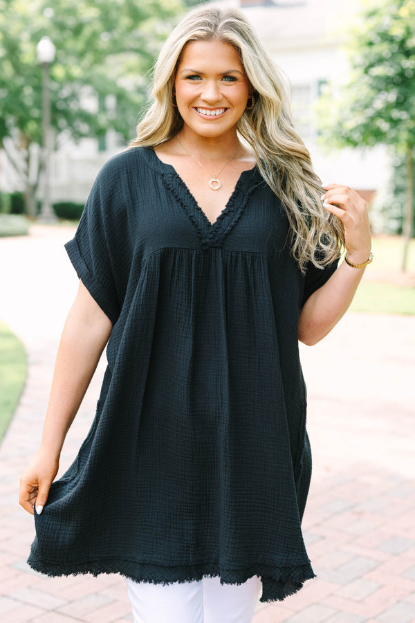Chic Soul plus size clothing, black short sleeve tunic with cuff sleeves with distressed v neck