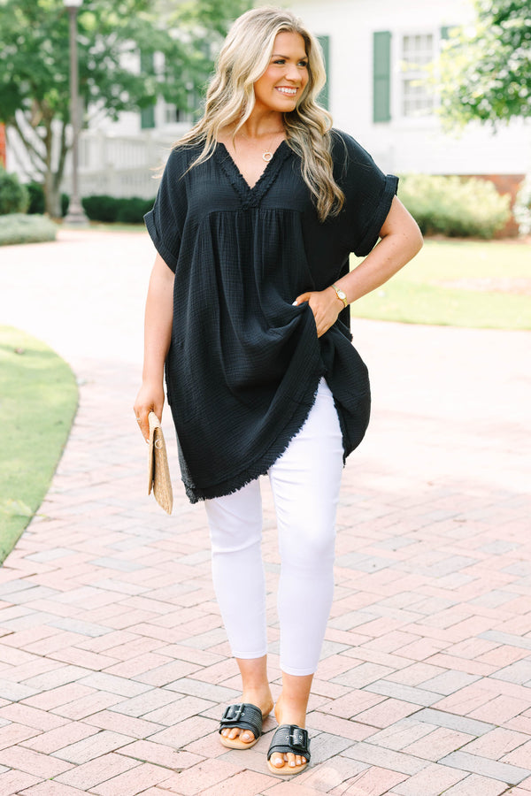 Chic Soul plus size clothing, black short sleeve tunic with cuff sleeves with distressed v neck
