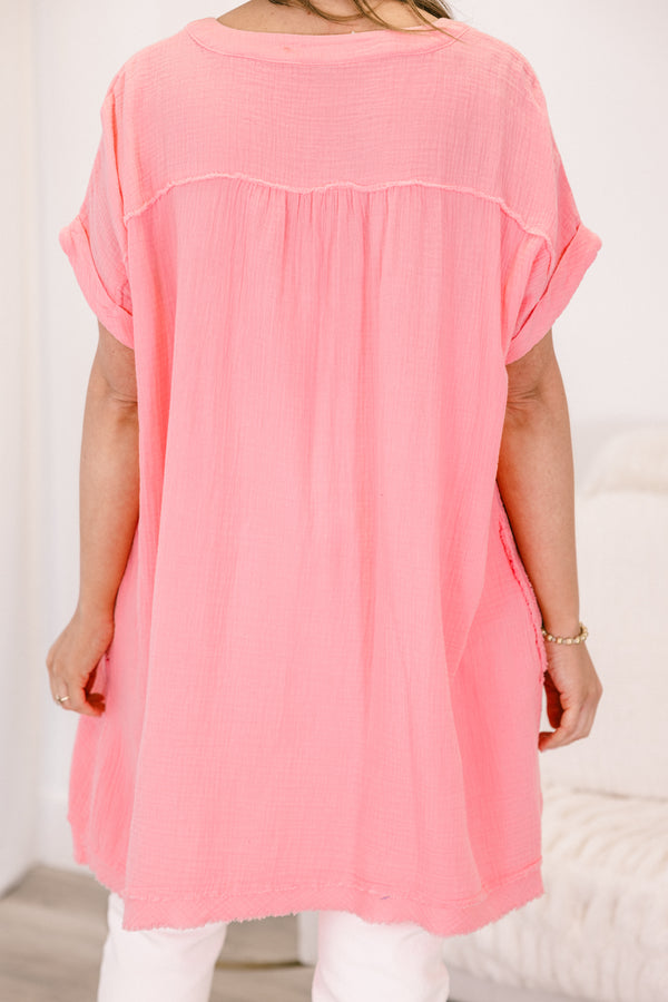 Chic Soul plus size clothing, dark pink short sleeve gauzy texture v-neck tunic