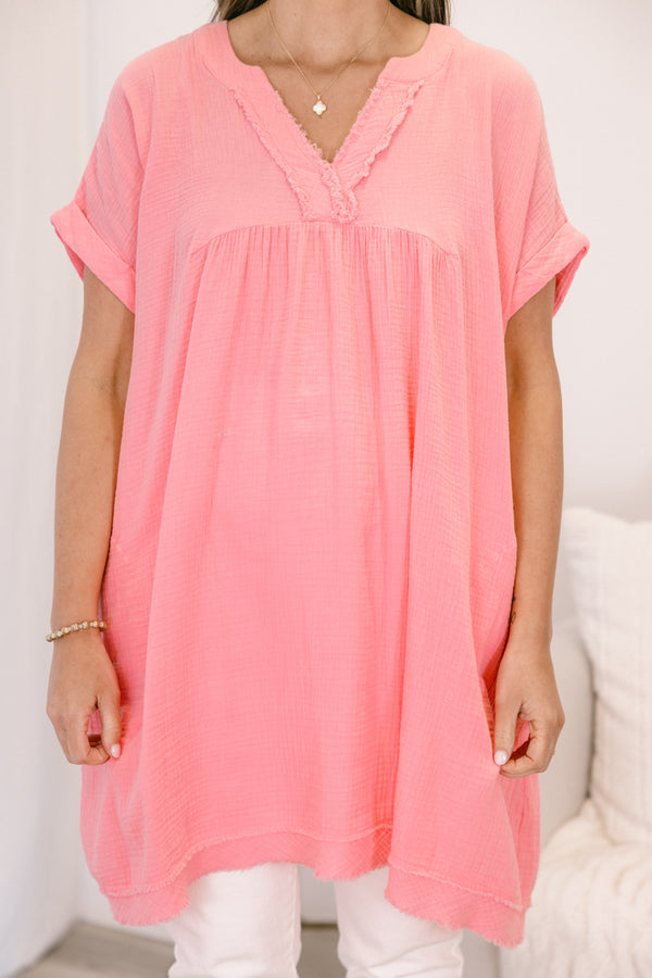 Chic Soul plus size clothing, dark pink short sleeve gauzy texture v-neck tunic