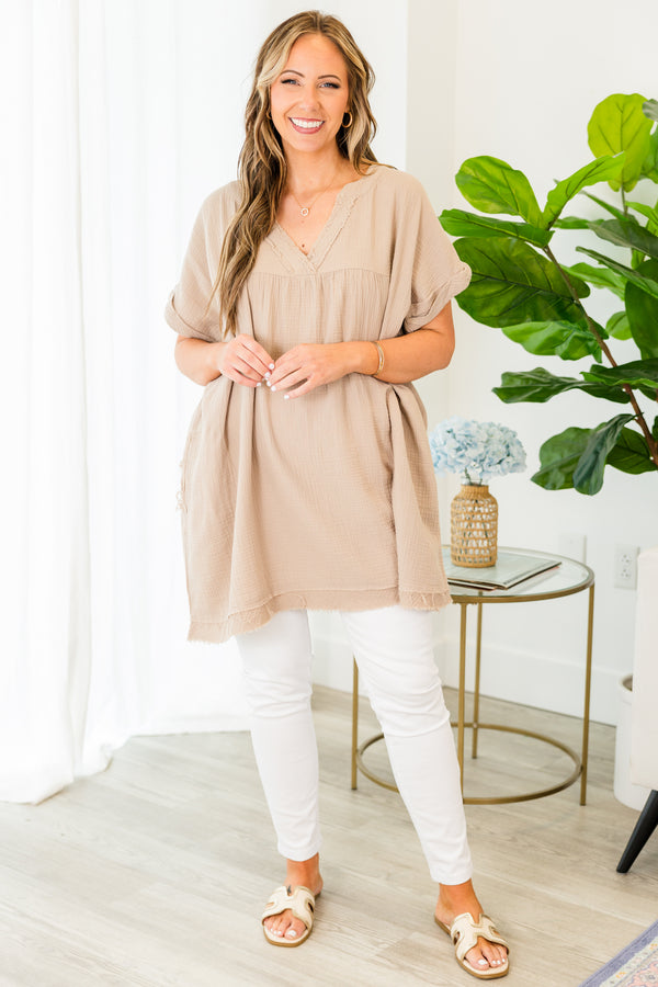Chic Soul plus size clothing, light mocha short sleeve tunic with v-neckline and pockets