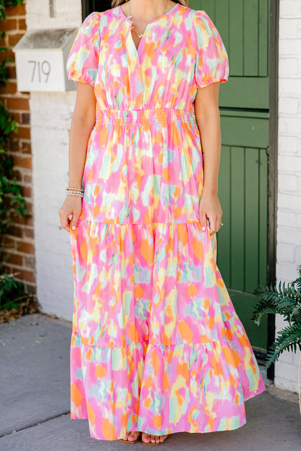 Chic Soul plus size clothing, orange watercolor abstract print short sleeve maxi dress with cinched waist with v cutout along neckline