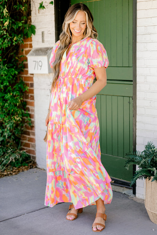 Chic Soul plus size clothing, orange watercolor abstract print short sleeve maxi dress with cinched waist with v cutout along neckline