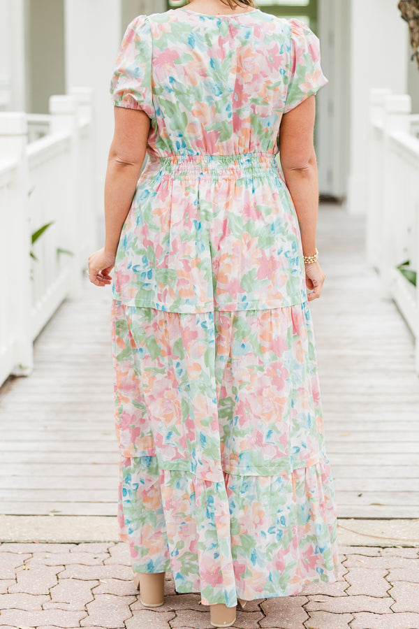 Chic Soul plus size clothing, short-sleeve multi-colored watercolor ruffled maxi dress with a v-neckline and a subtle watercolor floral pattern 