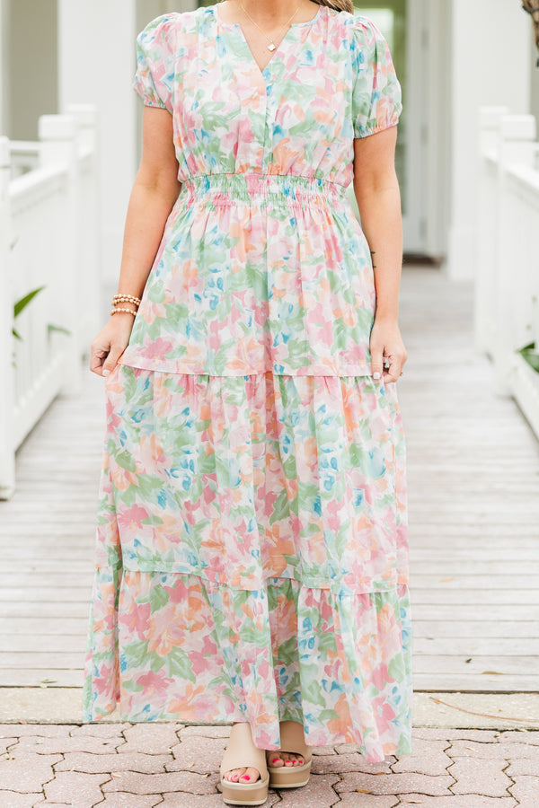Chic Soul plus size clothing, short-sleeve multi-colored watercolor ruffled maxi dress with a v-neckline and a subtle watercolor floral pattern 