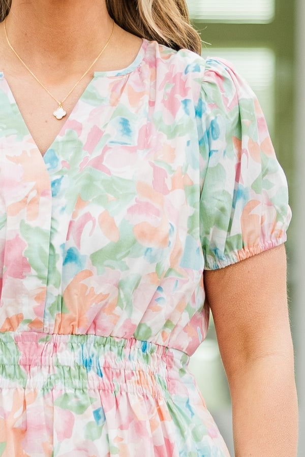 Chic Soul plus size clothing, short-sleeve multi-colored watercolor ruffled maxi dress with a v-neckline and a subtle watercolor floral pattern 
