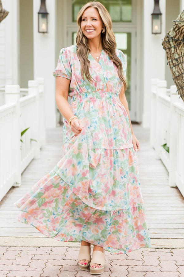 Chic Soul plus size clothing, short-sleeve multi-colored watercolor ruffled maxi dress with a v-neckline and a subtle watercolor floral pattern 