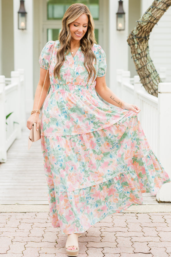 Chic Soul plus size clothing, short-sleeve multi-colored watercolor ruffled maxi dress with a v-neckline and a subtle watercolor floral pattern 