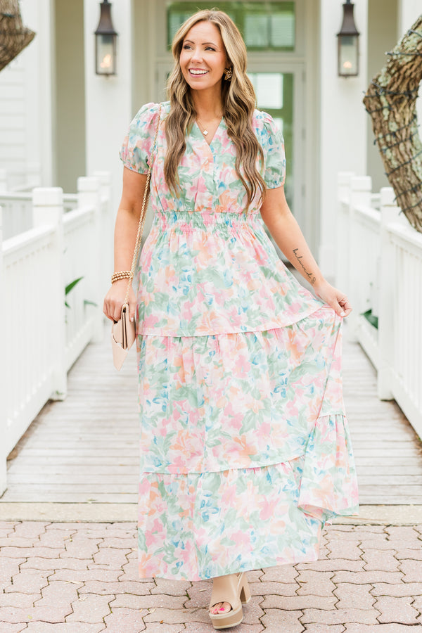 Chic Soul plus size clothing, short-sleeve multi-colored watercolor ruffled maxi dress with a v-neckline and a subtle watercolor floral pattern 