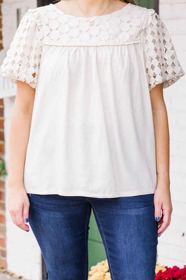 Chic Soul plus size clothing, puffed short-sleeve oatmeal tan top with scoop-neckline and square patterned lace detailing on upper-bodice and sleeves