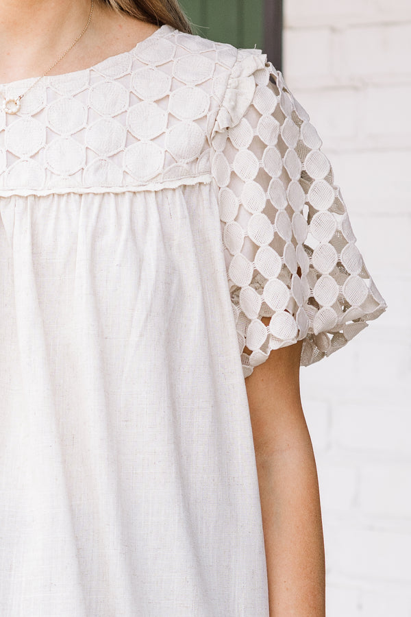 Chic Soul plus size clothing, puffed short-sleeve oatmeal tan top with scoop-neckline and square patterned lace detailing on upper-bodice and sleeves
