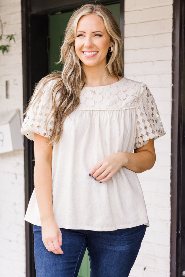 Chic Soul plus size clothing, puffed short-sleeve oatmeal tan top with scoop-neckline and square patterned lace detailing on upper-bodice and sleeves