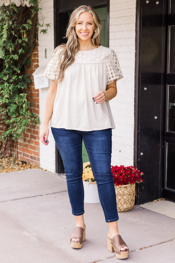 Chic Soul plus size clothing, puffed short-sleeve oatmeal tan top with scoop-neckline and square patterned lace detailing on upper-bodice and sleeves