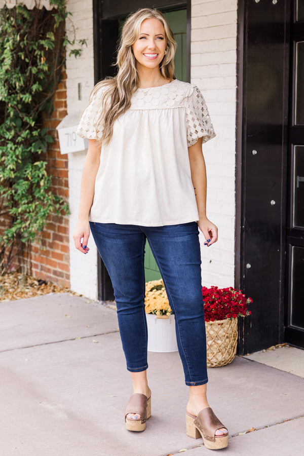 Chic Soul plus size clothing, puffed short-sleeve oatmeal tan top with scoop-neckline and square patterned lace detailing on upper-bodice and sleeves