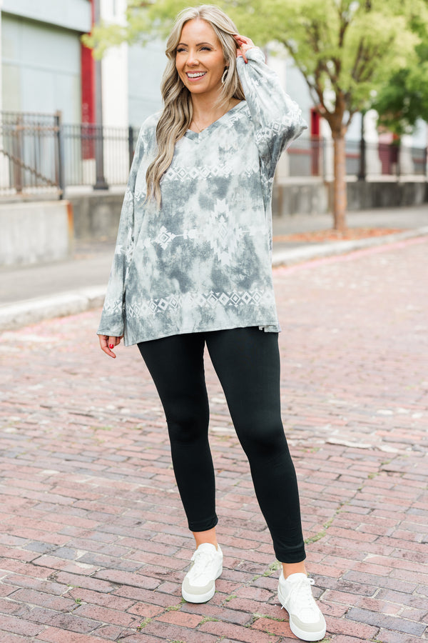 Chic Soul plus size clothing, olive tie dye long sleeve top with a lock pattern and slight v-neckline 