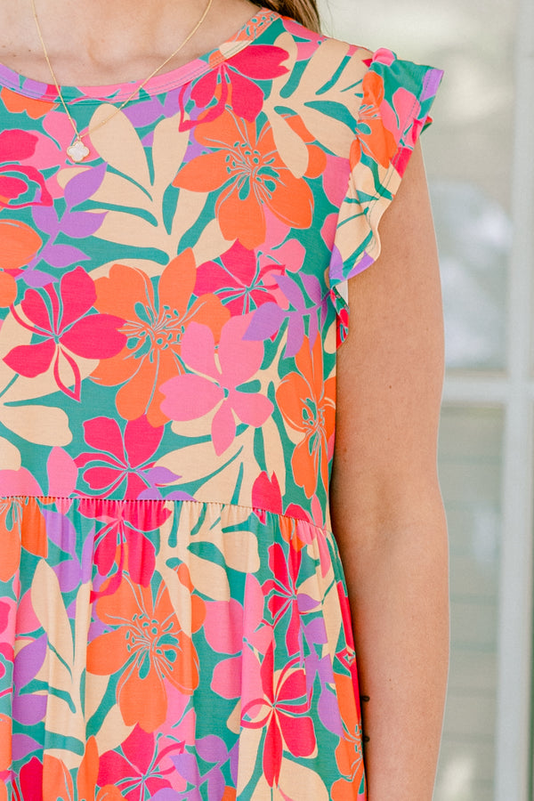Chic Soul plus size clothing, mint short sleeve tiered midi dress with round neckline with ruffle sleeves and large multi colored floral design

