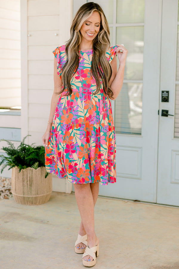 Chic Soul plus size clothing, mint short sleeve tiered midi dress with round neckline with ruffle sleeves and large multi colored floral design
