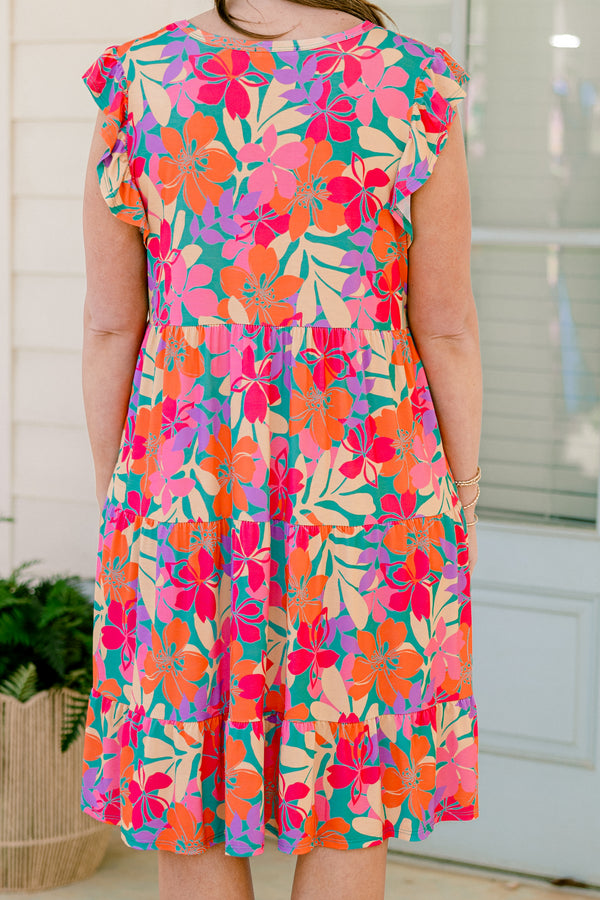 Chic Soul plus size clothing, mint short sleeve tiered midi dress with round neckline with ruffle sleeves and large multi colored floral design
