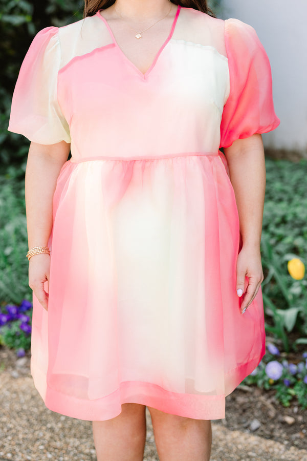 Chic Soul plus size clothing, short-puffed-sleeve pink multicolored flowy layered baby doll dress with a split-v-neckline with a watercolor hue design
