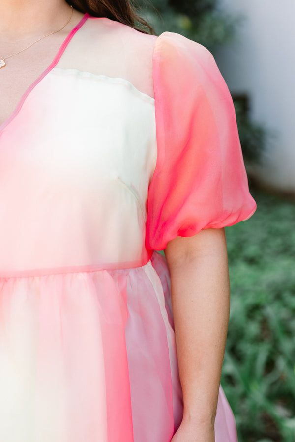 Chic Soul plus size clothing, short-puffed-sleeve pink multicolored flowy layered baby doll dress with a split-v-neckline with a watercolor hue design