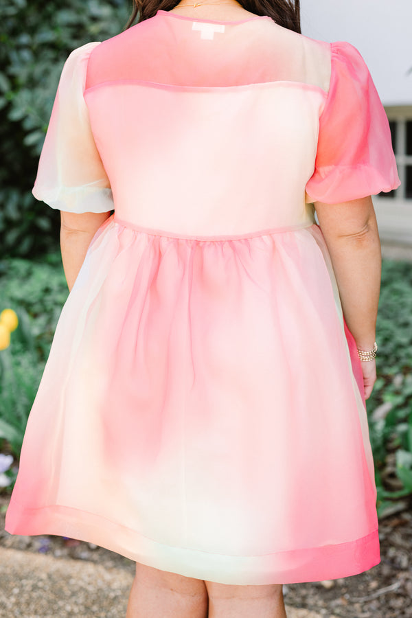 Chic Soul plus size clothing, short-puffed-sleeve pink multicolored flowy layered baby doll dress with a split-v-neckline with a watercolor hue design