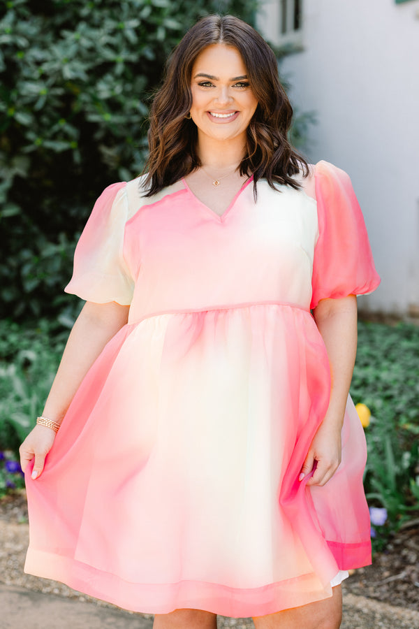 Chic Soul plus size clothing, short-puffed-sleeve pink multicolored flowy layered baby doll dress with a split-v-neckline with a watercolor hue design