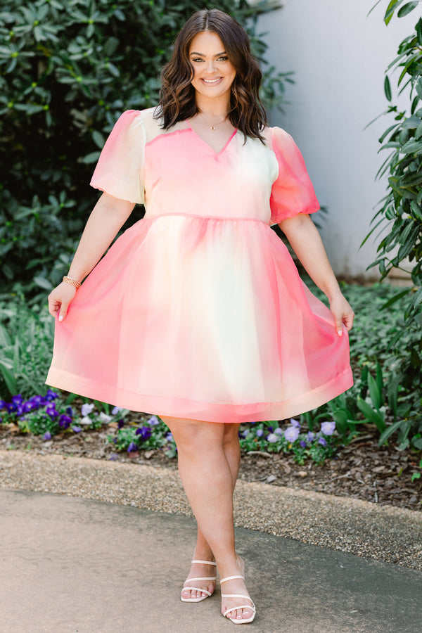 Chic Soul plus size clothing, short-puffed-sleeve pink multicolored flowy layered baby doll dress with a split-v-neckline with a watercolor hue design