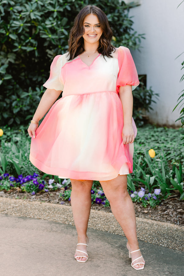 Chic Soul plus size clothing, short-puffed-sleeve pink multicolored flowy layered baby doll dress with a split-v-neckline with a watercolor hue design