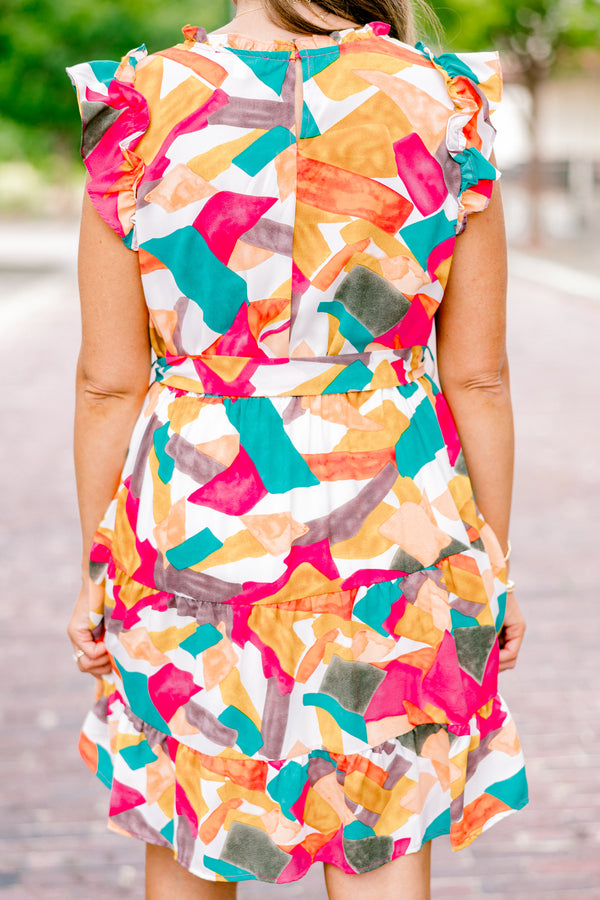 Chic Soul plus size clothing, golden yellow, fuchsia and turquoise abstract block patterned short-flutter sleeve rounded neckline short dress with waist tie