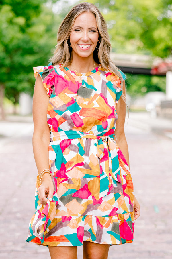 Chic Soul plus size clothing, golden yellow, fuchsia and turquoise abstract block patterned short-flutter sleeve rounded neckline short dress with waist tie