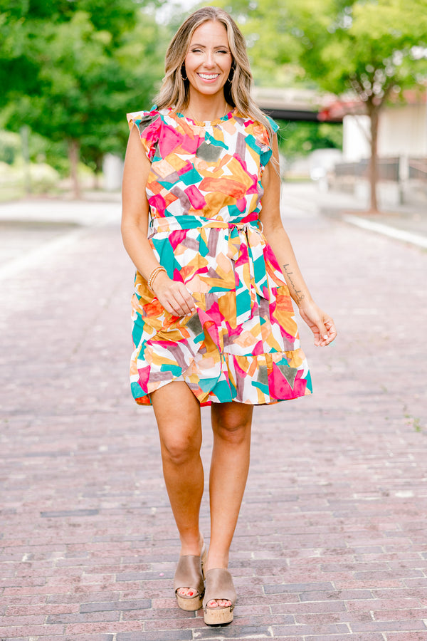 Chic Soul plus size clothing, golden yellow, fuchsia and turquoise abstract block patterned short-flutter sleeve rounded neckline short dress with waist tie
