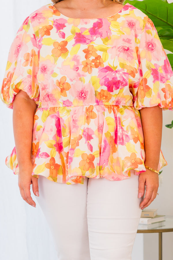 Chic Soul plus size clothing, pink multi short sleeve top with synched waist detail with puff sleeves and pink multi floral design