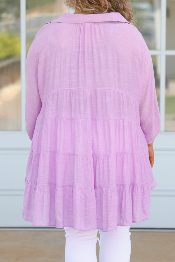 Chic Soul plus size clothing, lavender button down flowy top with bubble sleeves