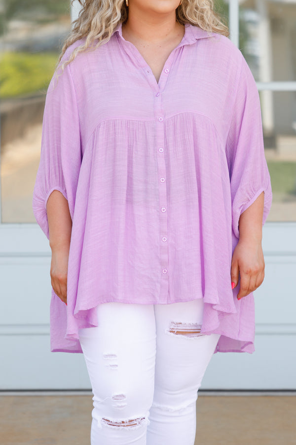 Chic Soul plus size clothing, lavender button down flowy top with bubble sleeves
