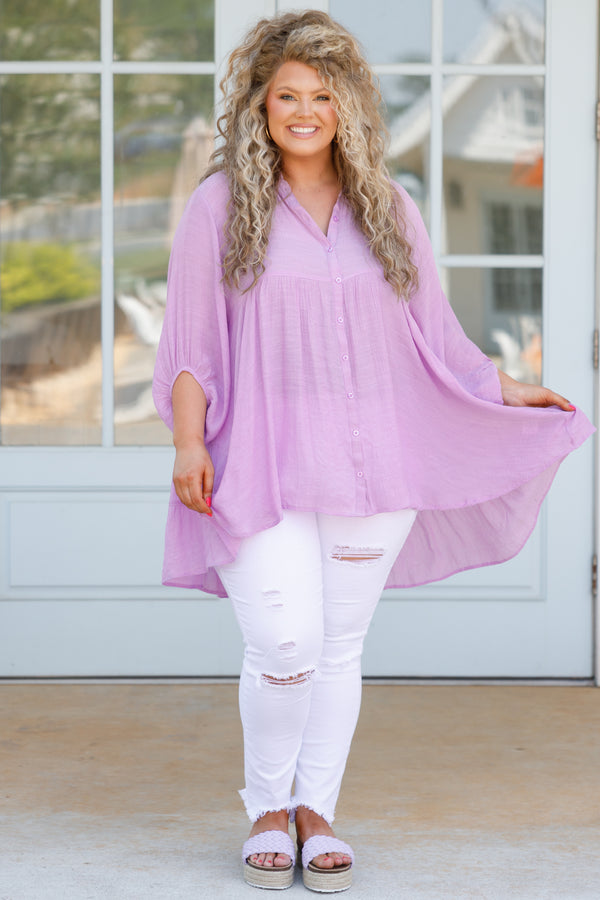 Chic Soul plus size clothing, lavender button down flowy top with bubble sleeves